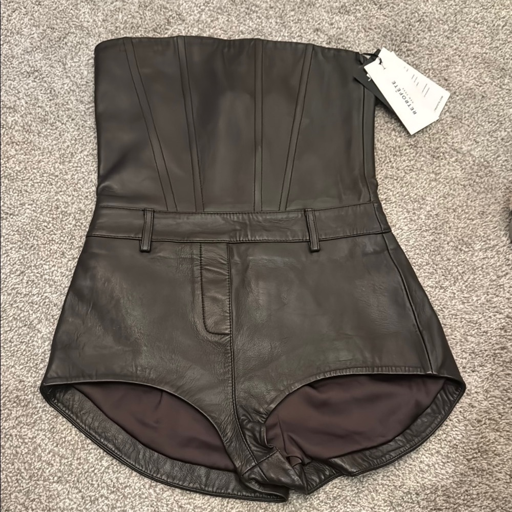 Women’s Retrofete Black Leather Romper High-Waist Shorts 100% real lamb leather - Picture 7 of 7